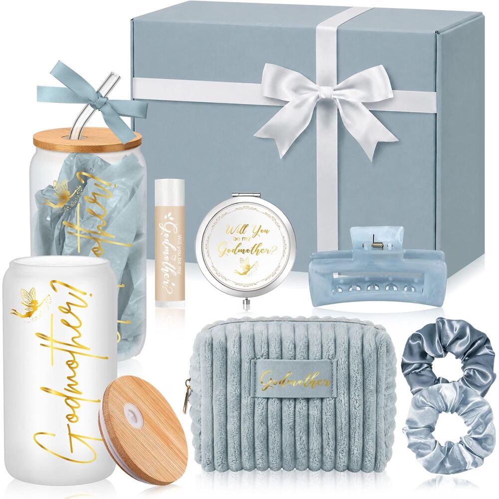 Godmother Proposal Gift Set 9 Pc Blue Baby Boy Baptism 16oz Glass Cup